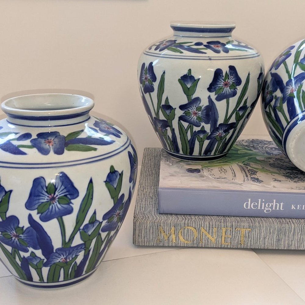 Vintage Chinoiserie Vases | Blue and White Iris | three